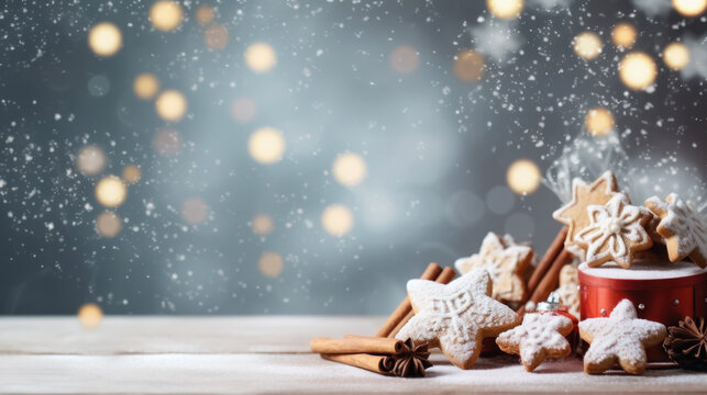 Christmas baubles, gifts, and trinkets set against a shimmering backdrop of snowflakes and bokeh