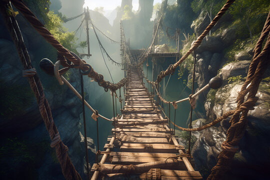 Fototapeta Old wooden suspension rope bridge between rocks