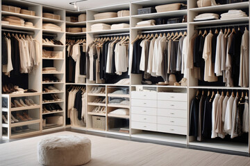 Modern wardrobe interior with clothes on shelves in dressing room - obrazy, fototapety, plakaty