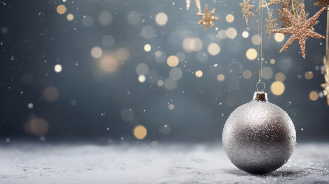 Christmas baubles and trinkets amidst sparkling snowflakes and festive bokeh lights