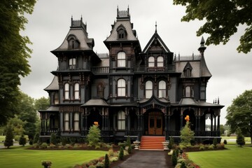 Fototapeta na wymiar Elaborate Beautiful victorian cute mansion. Sky cottage. Generate Ai