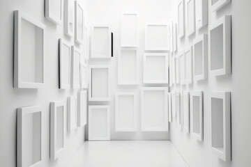 Obraz premium On the wall of white cement, empty white picture frames are hung. a lot of picture frames against a white background. Background, wallpaper, decoration, and copy space image. Generative AI