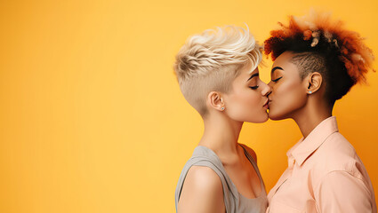 Lesbian couple showing their love, kissing on yellow background. - obrazy, fototapety, plakaty