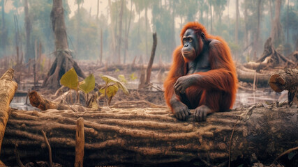 Orangutan on a tree trunk. Deforestation and palm oil plantations. Generative AI - obrazy, fototapety, plakaty