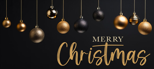 Merry Christmas, festive celebration holiday holidays greeting card with text - Hanging gold black ornaments ( christmas baubles balls ) on black wall texture background - obrazy, fototapety, plakaty