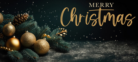 Merry Christmas, festive celebration holiday holidays greeting card - Gold ornaments ( christmas baubles balls, pine branches and cones ) on dark green table background
