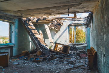 View from inside a house destroyed by shelling. War in Ukraine