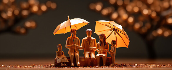 Happy family under the umbrella on raining wooden figurine model on table top background. People lifestyles and Relationships in love concept - obrazy, fototapety, plakaty