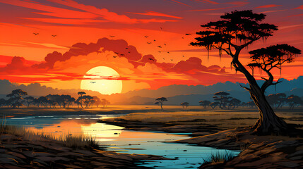 The African savannah at the morning sun, with the tranquil river. Generative AI.