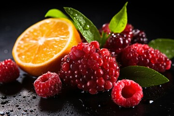 Fresh raspberries and oranges with mint on a black background. Selective focus.