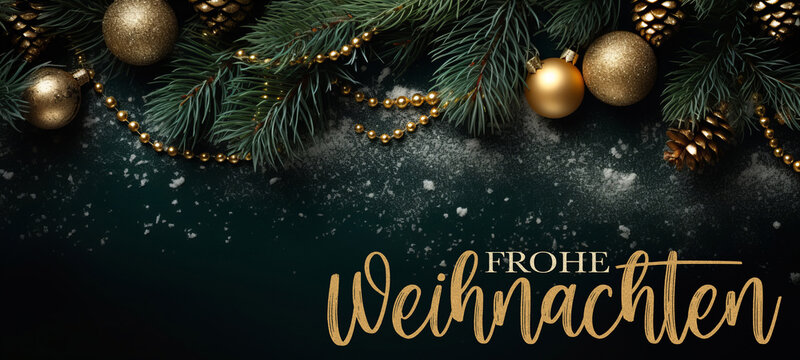 Frohe Weihnachten, festliche Grußkarte mit deutschem Text - Goldene Christbaumkugeln, Weihnachtskugeln, Tannenzweige und Zapfen und auf dunklem grünen Tisch, Draufsicht 
