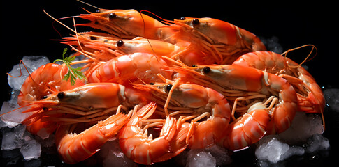 Fresh tiger prawns over ice in market isolated on black background