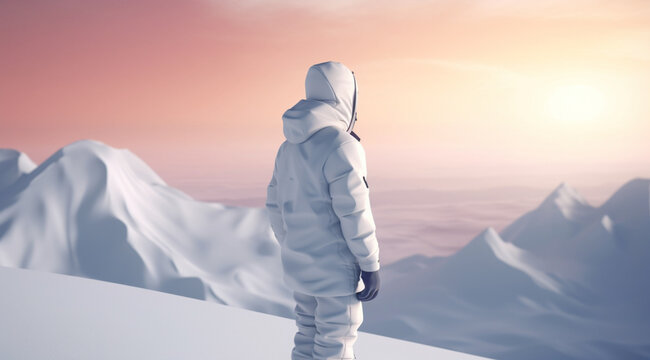 Winter suit on a person, in the mountains, created using Generative AI technology.