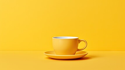  a yellow coffee cup and saucer on a yellow background.  generative ai