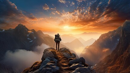  a person standing on top of a mountain with a backpack.  generative ai