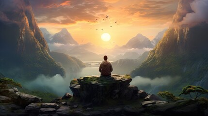  a person sitting on a rock looking at a sunset over a mountain range.  generative ai