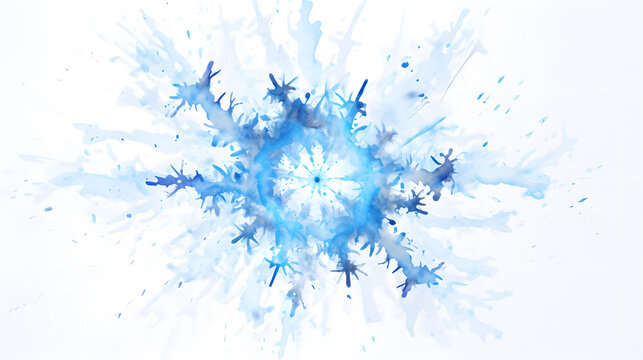 Watercolor Blue Snowflakes Isolated On White Background, Ice Blue And White Colors