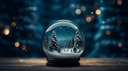 Fototapeta na wymiar Snow globe and snow ball with trees on blue background
