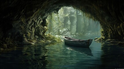  a boat is in the middle of a cave with water.  generative ai
