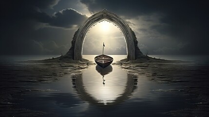  a boat is sitting in the water under a large arch.  generative ai