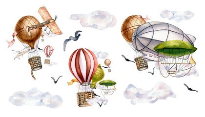 Watercolor collection with air balloons, airship and clouds in pastel colors. Hand painted airplanes set isolated on white background. Design elements for boy room, childish collection for wallpaper © Ekaterina Lanbina