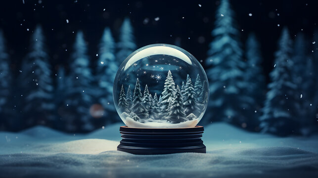 Snow globe and snow ball with trees on blue background