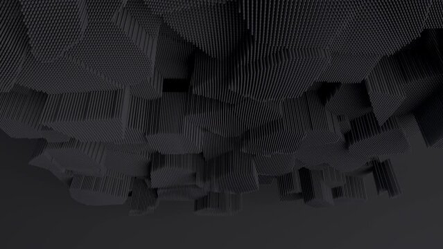 Black big complex shape with moving blocks. 3d animation. 