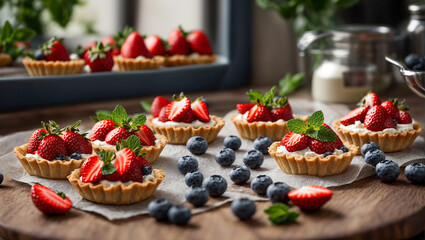 Appetizing tartlets with cream, strawberries, blueberries, mint - obrazy, fototapety, plakaty