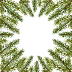 Fototapeta na wymiar Frame made of fir tree branches digital illustration. Pine branches in the form of a circular frame. Wreath of spruce branches isolated on white. Element for design Christmas invitation, card