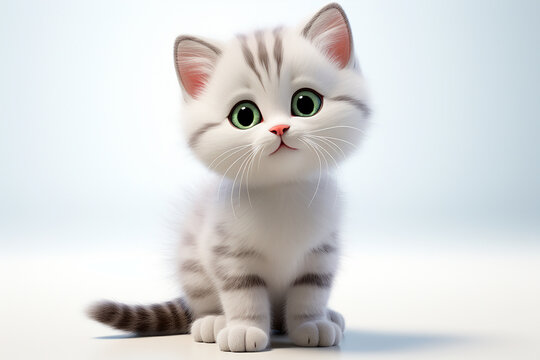 American shorthair cat on white background. Adorable 3D cartoon animal  portrait.