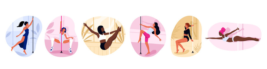 Set of pole dance performers at a studio. Beautiful young girls dancing on the pylon. Pole dancing, fitness and sport lifestyle collection. Vector illustration in cartoon style. Isolated background - obrazy, fototapety, plakaty
