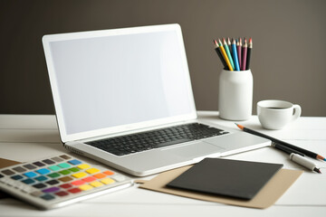 Fototapeta premium A close-up of a modern designer workstation featuring a laptop with an open blank screen, painting supplies, and office equipment on a white table against a grey wall. Generative AI
