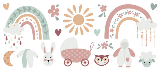 Boho baby rainbow clipart. Boho color rainbow, animals and baby elements for your project. © Elena