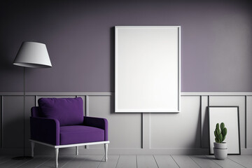Blank horizontal poster on violet concrete wall in living room with leather armchair, carpet, floor lamp, and coffee table on hardwood flooring. illustration. Generative AI