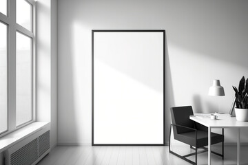 A blank poster on a furniture-filled wall. Panorama window daylight. Generative AI