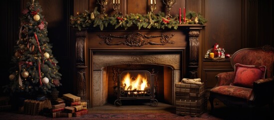 Christmas in a Victorian setting complete with a fireplace With copyspace for text