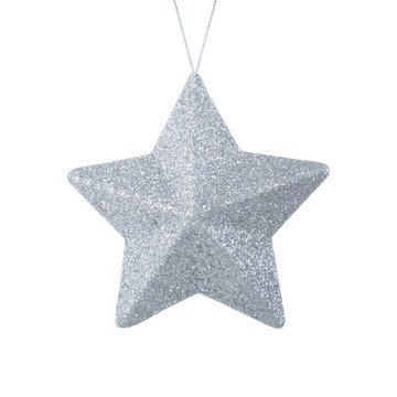 Hanging silver star. Christmas tree ornament isolated on a transparent png background. Stock photo