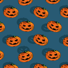 Vector Halloween pattern with evil pumpkin on blue background. Great element for your Halloween design.