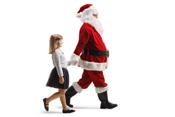 Santa claus and a little girl holding hands and walking