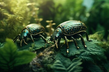 Naklejka premium Verdant Beetle moss nature. Macro wild. Generate Ai