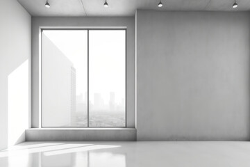 Fototapeta premium Bright concrete interior, blank wall, city view, and daylight. Mockup,. Generative AI