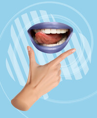 Stylish art collage. Smiling woman's mouth showing tongue above hand on light blue background