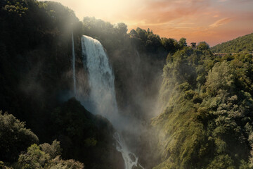 aerial view of the upper part of the Marmore waterfalls in Umbria