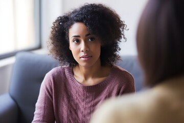 African-American woman at an appointment with a psychologist. She delves into the problem and helps the patient solve the problem. The psychotherapist listens carefully to the patient’s story. - obrazy, fototapety, plakaty