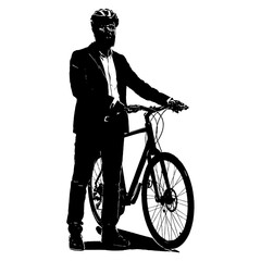 Man with helmet standing next to a bicycle isolated vector silhouette