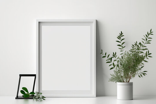 Mockup of a blank horizontal frame in a white, minimalist environment with green plants as decor. Generative AI