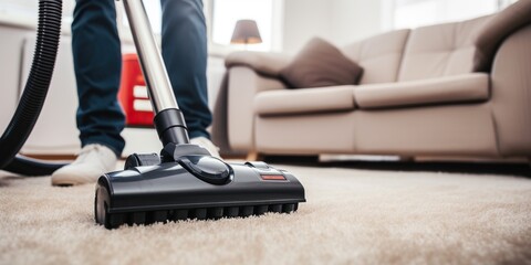 Close-up view of an individual meticulously cleaning a carpet using a vacuum cleaner , concept of Spotless cleanliness - obrazy, fototapety, plakaty
