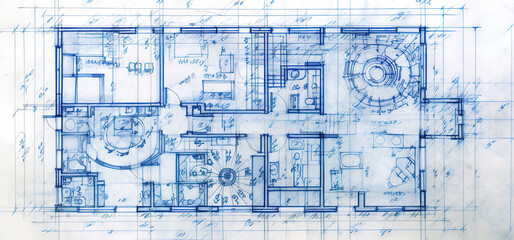 Generative AI, Blue print floor plan, architectural background, technical draw