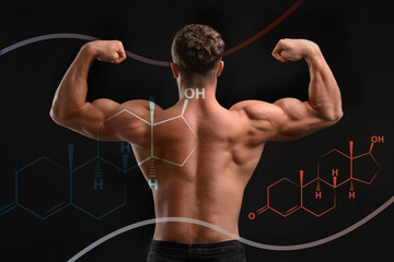Muscular man and structural formula of testosterone on black background, closeup