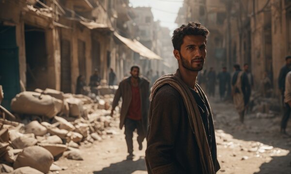 Portrait of Refugees on middle east city street, looking at camera. Homeless people in front of destroyed home buildings because of earthquake or war missile strike. Refugees, war and economy crisis